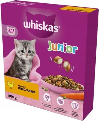 Produktbild von Whiskas Junior Trockenfutter Huhn, 5 x 0,8kg (5 Packungen) im Karton - Trockenfutter für heranwachsende Katzen - Extra kleine Kibbles für Kätzchen (2-12 Monate)