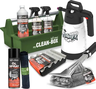 Produktbild von bio-chem Grill Reinigungsset und Pflege professionell Box 9-teilig: Rauchharzentferner 1L + Fettlöser 750ml + Edelstahlreiniger 750 ml + Öl-Spray 200 ml + Schaumsprüher + Zubehör
