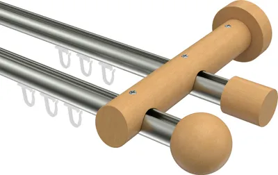 Produktbild von Interdeco Innenlaufstange / Gardinenstange mit Innenlauf Edelstahl-Optik / Buche lackiert, Typ Talent Luina (Kugel), 20 mm Ø 2-läufig, 220 cm