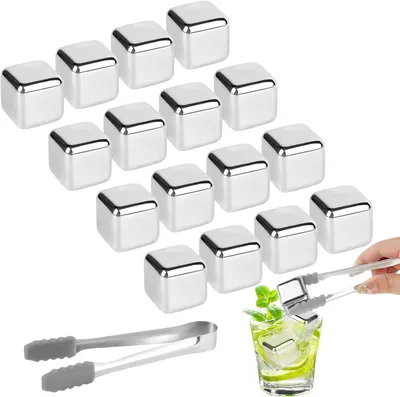 Produktbild von Eiswürfel – Set mit 16 Stück – Metallische Eiswürfel – Wiederverwendbare Whiskey-Steine + Clips – Spülmaschinenfeste, metallische Eiswürfel für Spirituosen