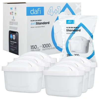 A box and individual packages of Dafi water filters are shown, along with a stack of the filters themselves.