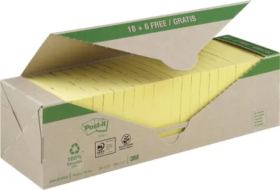 Produktbild von Post-it-MemoBlok 3M Post-It 654 76x76mm Recycle Geel 18+6 | Box A 24 Stück | 6 Stück