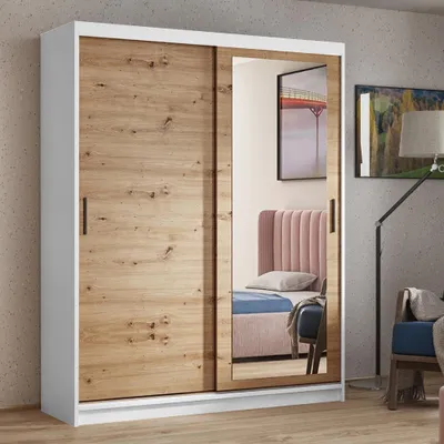 Image de BEAUTYSOFA HELA armoire 120 cm - armoire à deux portes avec portes coulissantes, armoire avec miroirs et tringle à vêtements, (blanc + Artisan)