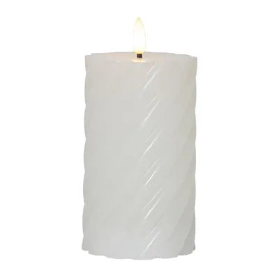 A white LED candle with a swirling texture and a flickering flame.