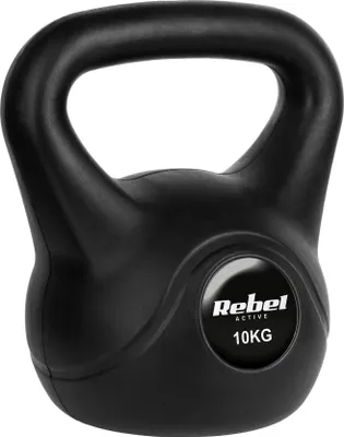 A black kettlebell with the brand name and weight displayed on a circular emblem.