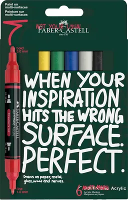 Image de Faber-Castell 186003 - Coffret de marqueurs acryliques Multimark, 6 marqueurs acryliques à double pointe dans des couleurs de base, résistants à l'eau et à séchage rapide