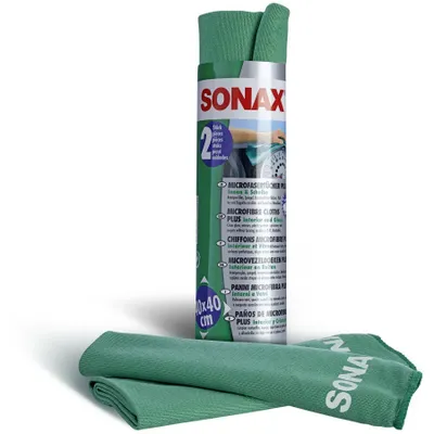 Zdjęcie produktu dla SONAX Ściereczki z mikrofibry PLUS do wnętrza i na przednią szybę 40 x 40 cm (opakowanie 2 szt.)