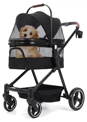 Immagine prodotto di Passeggino pieghevole per cani - Passeggino per cani di piccola taglia - Fino a 15 kg - Design a un piano - Guinzaglio di sicurezza - Finestre in rete - Vano portaoggetti