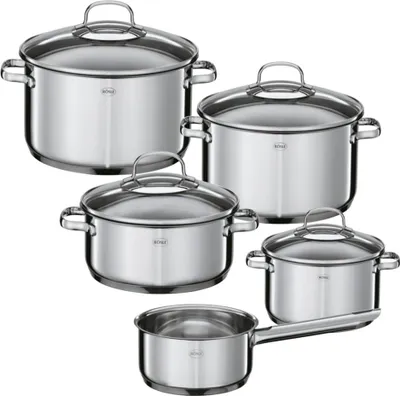 Produktbild von RÖSLE ELEGANCE Topf-Set 5-tlg., Edelstahl 18/10, mit Glasdeckel und Innenskalierung, spülmaschinen- und induktionsgeeignet