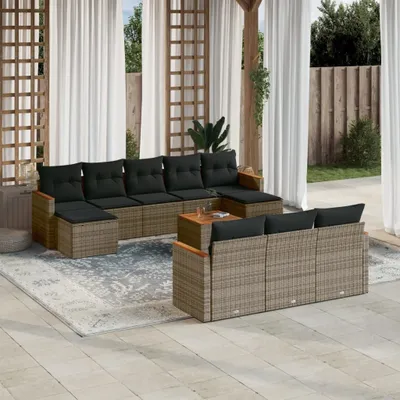 Produktbild von Design 11-tlg. Garten-Sofagarnitur mit Kissen Grau Poly Rattan, Gartenmöbel-Sets 2024 Neu