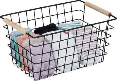 Produktbild von Relaxdays Drahtkorb, Holzgriffe, rechteckig, Gitter Design, Kleidung, Accessoires, Metallkorb, HBT: 16x31x21 cm, schwarz