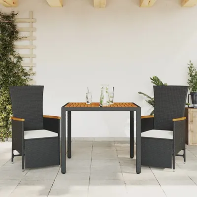 Produktbild von Design 3-tlg. Garten-Essgruppe mit Kissen Schwarz Poly Rattan, Gartenmöbel-Sets 2024 Neu