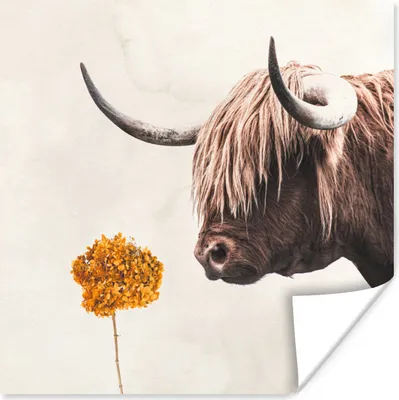 Produktbild von MuchoWow® Poster Schottischer Highlander - Kuh - Blume 75x75 cm - Wand Dekoration