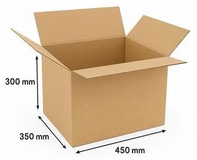 A brown cardboard box with dimensions indicated by arrows and text.