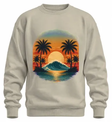 Immagine prodotto di Felpa con cappuccio, stile retrò, con motivo tramonto, palme, onde, surf, spiaggia, Hawaii, anni '80, colore naturale, taglia 3XL