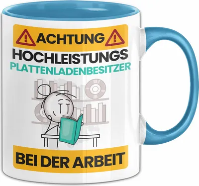 Produktbild von Plattenladenbesitzer Tasse Geschenk Lustiger Spruch Geschenkidee für Plattenladenbesitzer Achtung Hochleistungs Plattenladenbesitzer Bei Der Arbeit (Blau)