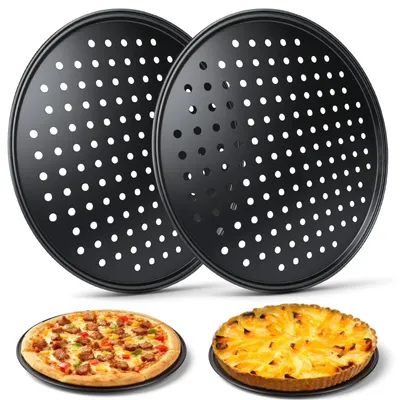 Pizzaplatte rund 32 cm, Set von 2, perforiert, Kohlenstoffstahl