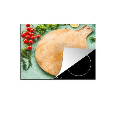 Produktbild von KitchenYeah© Herdabdeckplatte Ein rundes Schneidebrett mit allerlei Gemüse drum herum , 75x52cm, Küche Deko, Glaskeramikkochfeld Herdabdeckung, Abdeckplatte fùr Kochfeld