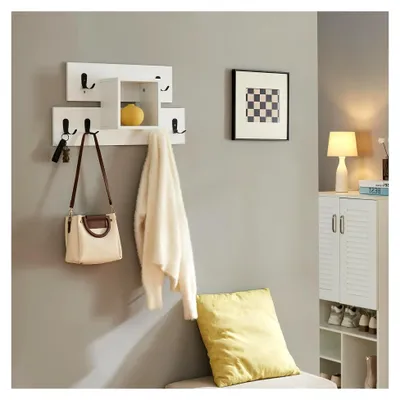 Produktbild von Wandgarderobe mit Ablage und 6 Doppelhaken, Flurgarderobenpaneel 32 x 60 x 14 cm, Wandregal in Weiß