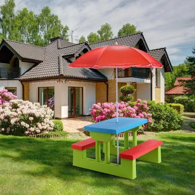 Produktbild von COSTWAY Kinder Sitzgruppe Sitzgarnitur Kindermöbel mit Sonnenschirm Kindertisch Picknickbank Bunt