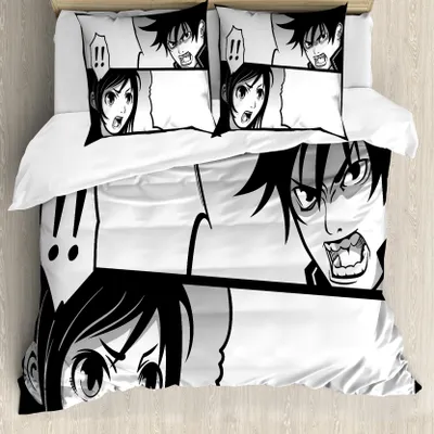 Produktbild von ABAKUHAUS Anime Bettbezug, Japanese Cartoon Comic, Milbensicher Allergiker geeignet mit Kissenbezügen, 200 cm x 200 cm - 80 x 80 cm, Schwarz Weiß Grau