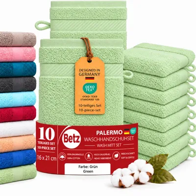 Produktbild von Betz Waschhandschuhe Palermo 10 Stück 16x21 cm – 100% Baumwolle 360g/m² – Weiche Frottee Waschlappen – Pflegeleicht & saugstark – Farbe grün