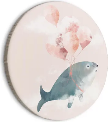 Produktbild von Runde Bilder 80x80 cm Kinderzimmer Leinwandbild 1 tlg Kunstdruck modern Wandbilder XXL Wanddekoration Design Wand Bild Wal Tiere Luftballon für Kinder e-A-10056-bc-a
