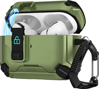 Zdjęcie produktu dla Etui ochronne na słuchawki Apple AirPods Pro 3 Defender z karabińczykiem 360°, odporne na wstrząsy i uderzenia, w kolorze zielonym wojskowym