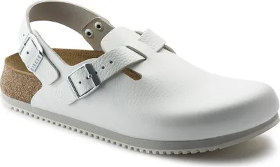 A white Birkenstock Tokio clog with a strap and buckle.