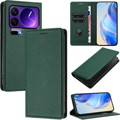 Produktbild von Litchi Leder Handyhülle für Xiaomi 17 Pro Wallet Kartenfächer Standfunktion Hülle Grün