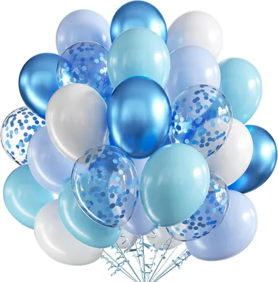 Obrázok produktu pre Sada balónov 60 kusov, 12 palcov latex, modrá, biela, konfety, metalická, na narodeninovú oslavu