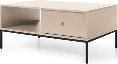 Produktbild von Couchtisch 150 cm Monti - Wohnzimmertisch mit Schubladen, Metallbeine 18 cm, Goldene Griffe (Beige + Schwarz)