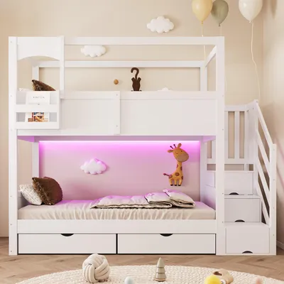 Produktbild von Merax Etagenbett 90x200cm mit Stauraumleiter und Schubladen,  Hausbett mit Tafel und Regal, Kinderbett mit Sicherheitsgitter aus Kiefer und MDF, Weiß