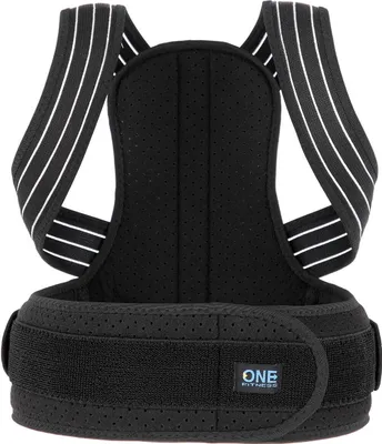 A black posture corrector with white striped straps and a black belt.
