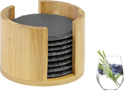 Immagine prodotto di WESTMARK, 8 sottobicchieri in pietra naturale, forma rotonda, diametro 10 cm, confezionati in scatola di bambù, codice prodotto: 106725, codice EAN: 4004094692161