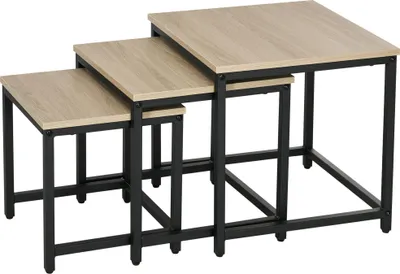 Produktbild von Satztisch-Setaus3Beistelltischen,IndustrialDesign,schwarzerStahlrahmen,TischplatteinHolzoptik