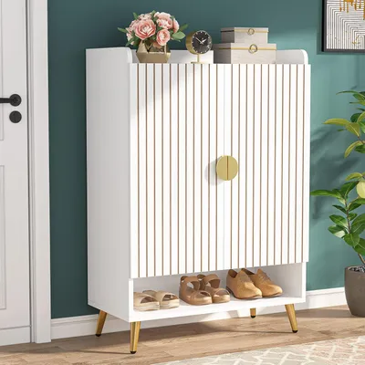 Image de Armoire à chaussures avec portes et 6 étagères, meuble de rangement en bois pour chaussures, idéal pour l'entrée et le salon