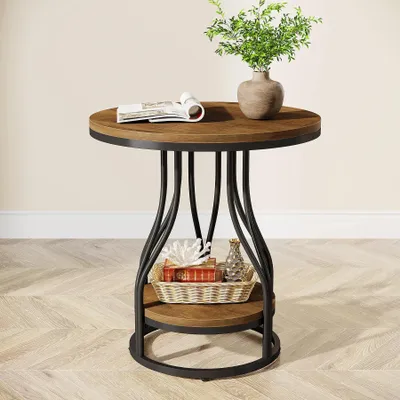 Obrázek produktu pro Kulatý odkládací stolek – dvoupatrový stolek k pohovce a noční stolek – dřevo s odkládací plochou – moderní design – 50 x 59 x 50 cm – hnědá/černá