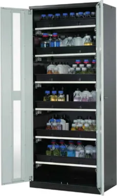 Produktbild von Chemikalienschrank - Sichtfenstertüren - 6 Tablarauszüge - 1.950 x 810 x 520 mm (HxBxT) - anthrazitgrau/lichtgrau