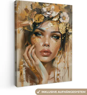 Produktbild von MuchoWow® - Leinwandbilder - Frau - Blumen - Gold - Porträt, Wandbild, Wanddeko Bilder Wohnzimmer, 60x80cm