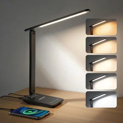 Zdjęcie produktu dla Lampa biurkowa LED - Czarna - Z portami USB i sterowaniem dotykowym - Przyjemne dla oczu światło z 5 trybami kolorystycznymi - Idealna do biura i do nauki