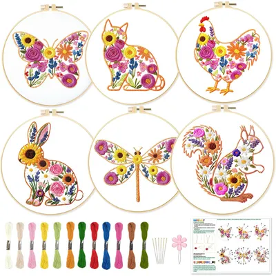 Stickerei-Starterkit 6er Set – Tierblumen für Anfänger