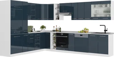 Produktbild von Vicco Eckküche Fame-Line, 257 x 60 cm , AP Eiche, Dunkelblau Hochglanz/Weiß