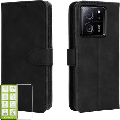 Obrázok produktu pre Puzdro na mobilný telefón Xiaomi 13T / 13T Pro – čierne puzdro z umelej kože + tvrdené sklo H9