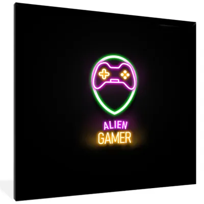 Produktbild von MuchoWow® Gerahmtes Poster Gaming - Zitate - Neon - Alien-Gamer - Controller 40x40 cm - Poster mit Schwarzem Bilderrahmen Wandposter Rahmen Foto Bilder - Mit Rahmen - Wanddekoration Schlafzimmer