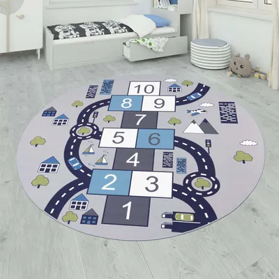 Produktbild von Kinder-Teppich Für Kinderzimmer, Spiel-Teppich Mit Hüpfkästchen und Straßen, Grau Grösse Ø 200 cm Rund
