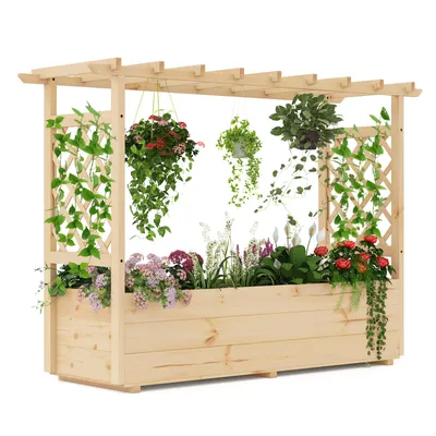 A wooden planter box with a trellis and hanging plants, set against a white background.