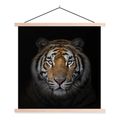 Produktbild von MuchoWow® Textilposter Tiger - Wildtiere - Porträt - Schwarz - Tiere 120x120 cm mit holzfarbenen Rahmen - Textil-Poster
