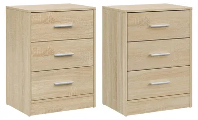 Produktbild von Nachtkommode - 2er-Set Nachttische - 3 Schubladen - 39 x 54 x 28 cm - Moderner Stil - Holz - Helle Eiche