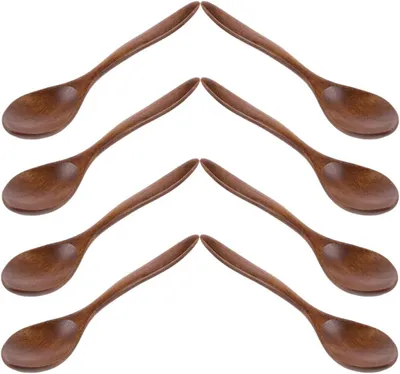 Produktbild von 8 kleine Holzlöffel aus braunem Holz für vielseitige Verwendung als Salat- und Suppenlöffel im Café und zu Hause mit elegant poliertem Design